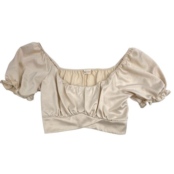 Altar’d State Satin Crop Tie Back Puff Sleeve Top Coquette Milkmaid Ivory Twee L - Picture 1 of 11
